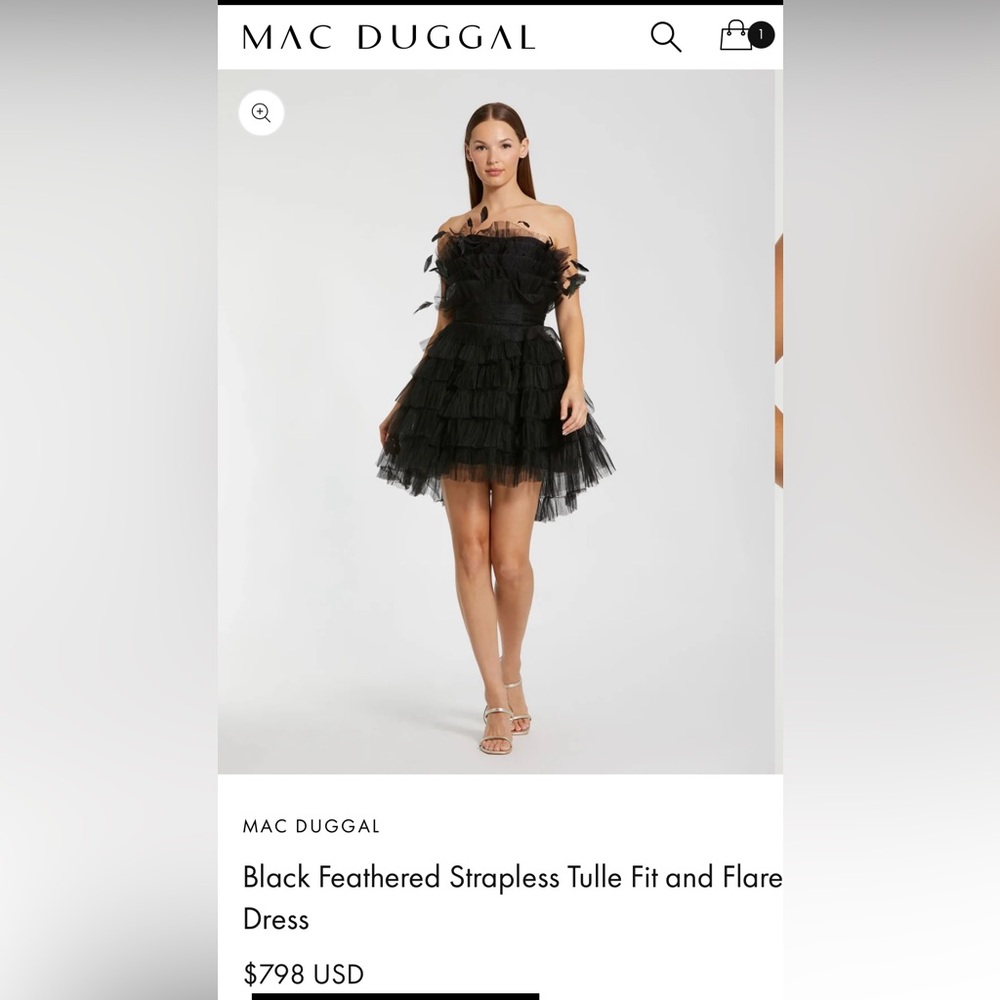 NWT MAC DUGGAL Black Feathered Strapless Tulle Fit and Flare Dress size 6